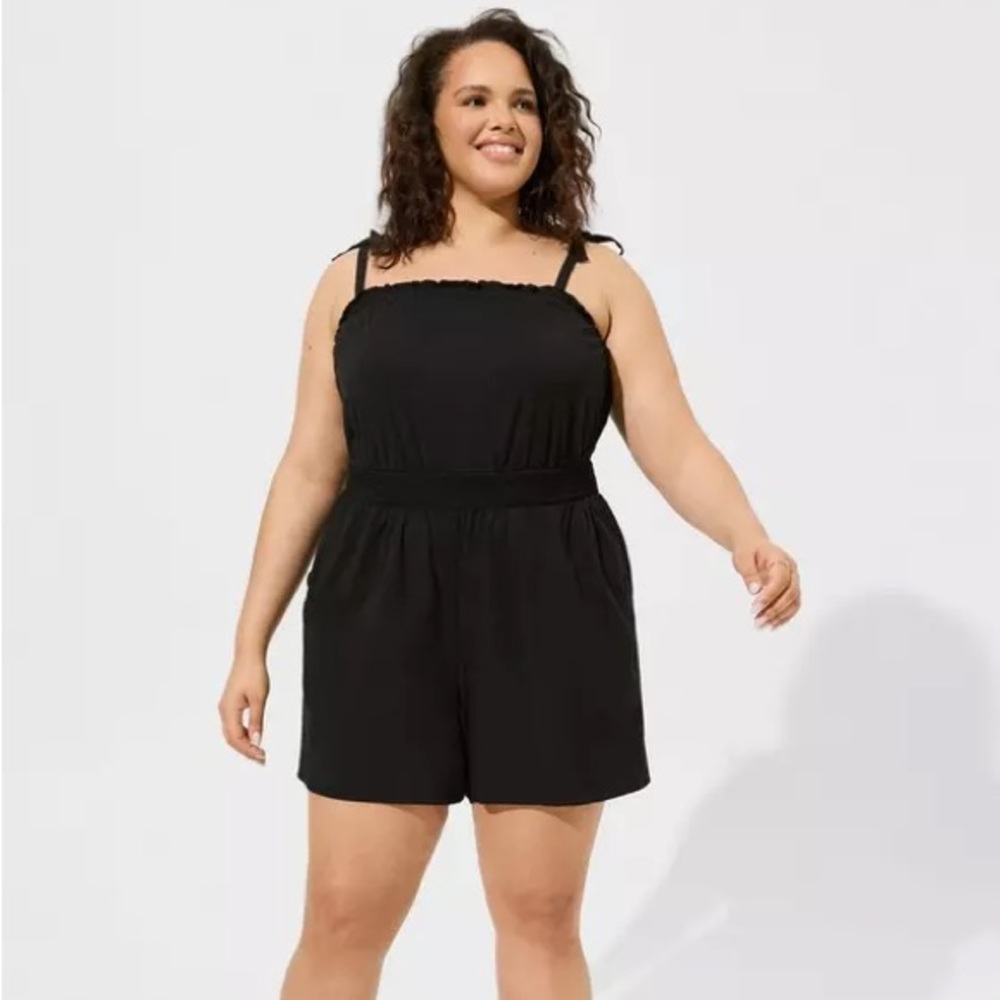 Torrid Stretch Challis Tie Strap Romper in Deep Black